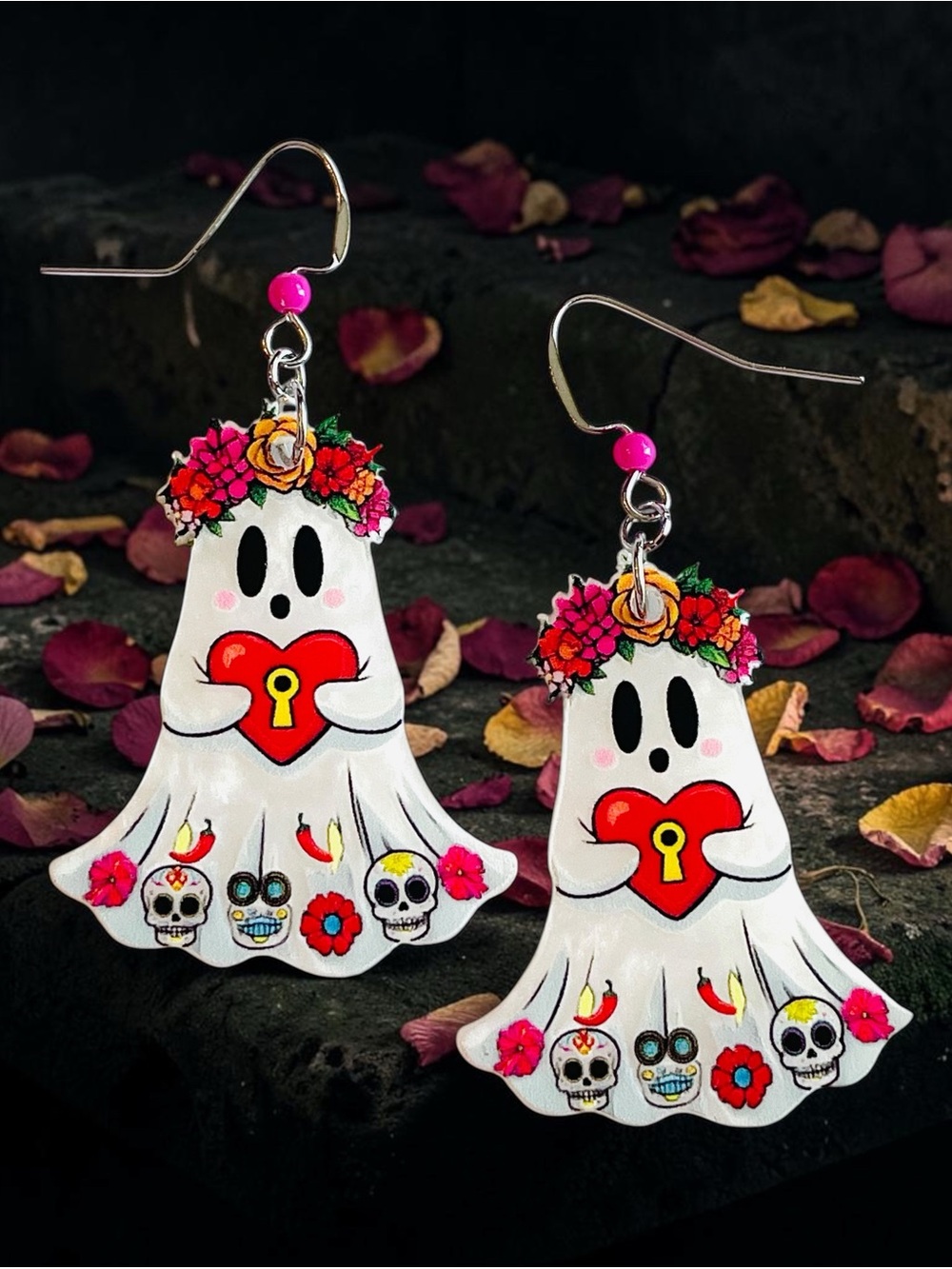 Cute Ghost Heart Lock Dangle Earrings - White & Red